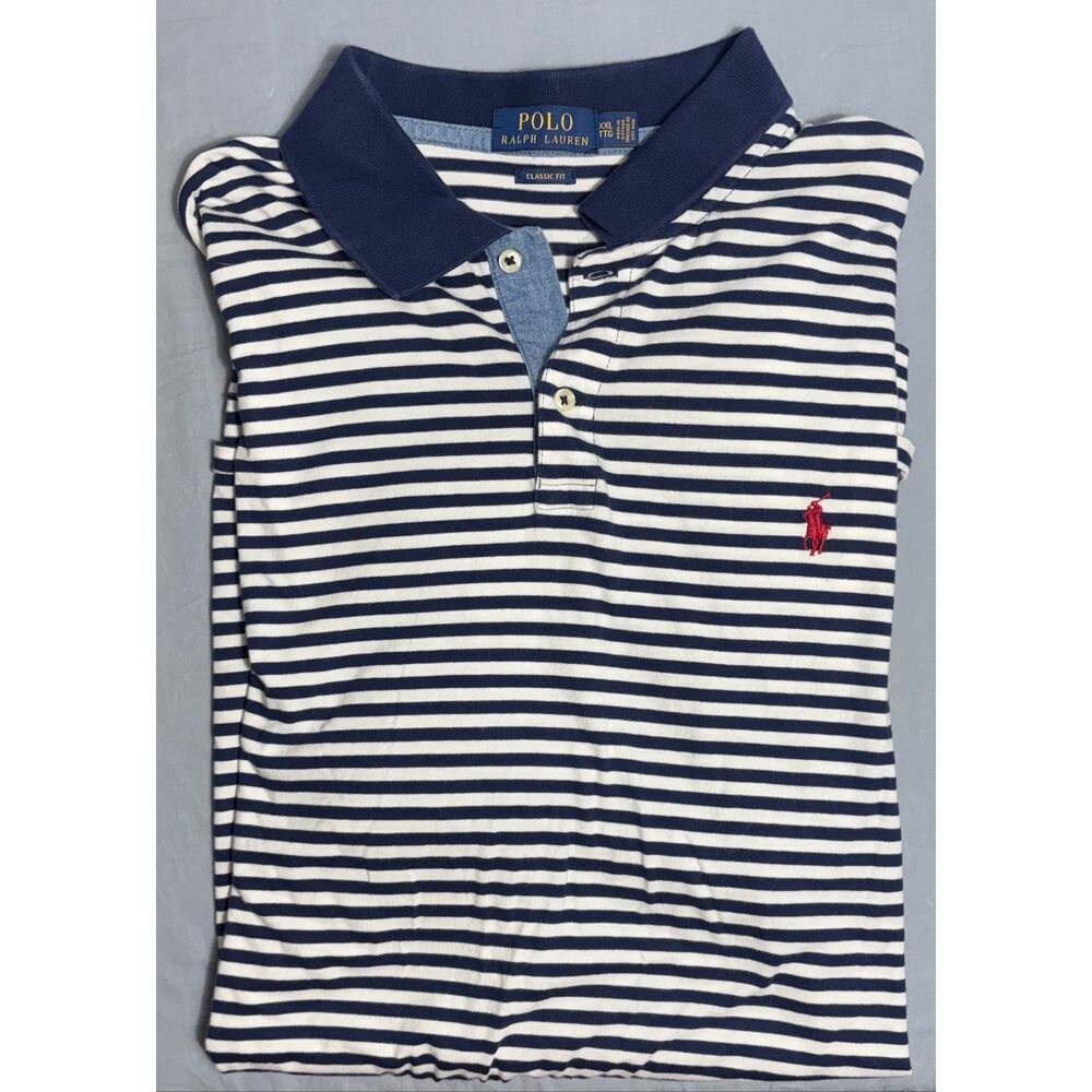 Ralph Lauren Polo Shirt Mens XXL Blue White Striped Pony Preppy 2XL Classic Fit - Picture 2 of 8
